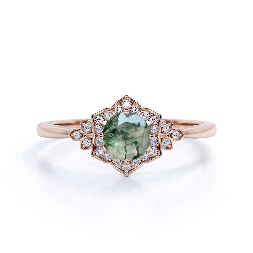 Vintage Floral 1.25 Carat Round Moss Agate Engagement Ring