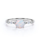 Four Prong 1.25 Carat Round Cut White Fire Opal And Diamond Modern Art Deco Engagement Ring In White Gold