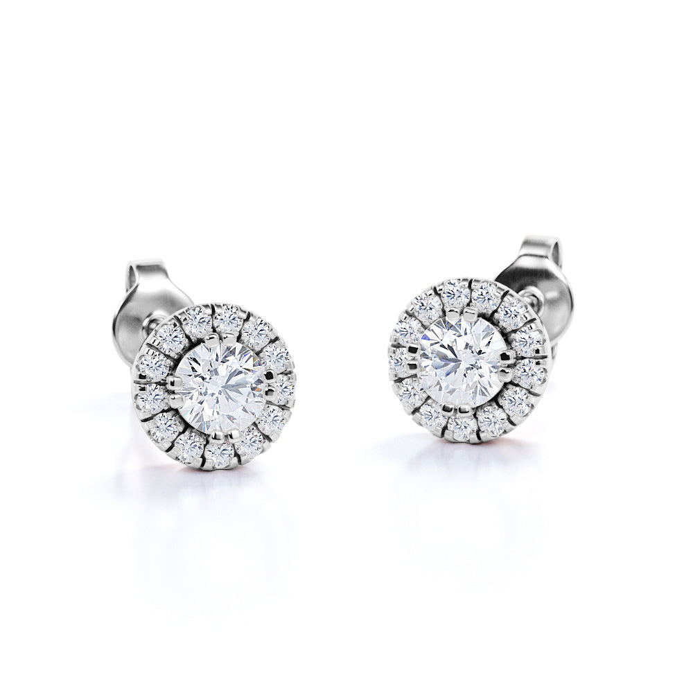 6 Prong Bezel 1.10 Carat Round Cut Certified Moissanite and Diamond Halo Studs - Bridal Earrings