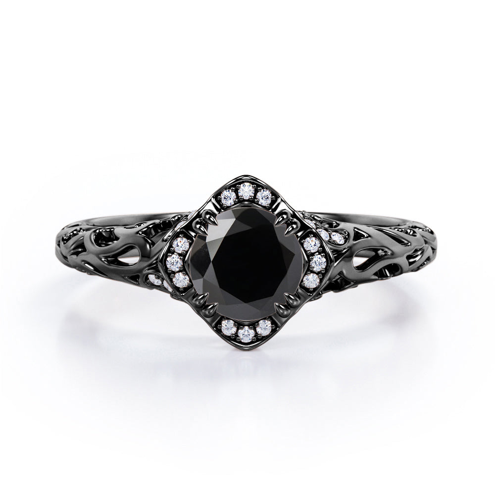 Cushion Framed 1.10 Carat Round Cut Black Diamond Halo Art Deco Engagement Ring In White Gold