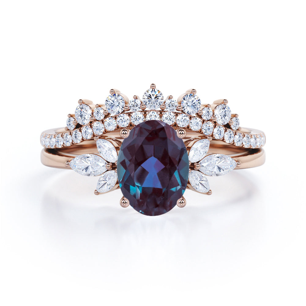 Seven Stone 1.60 Carat Oval Cut Lab Created Alexandrite And Diamond Leaf Décor Pave Bridal Set In White Gold