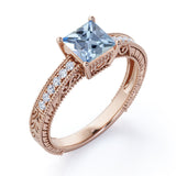 1.2 Carat Princess Cut Aquamarine And Diamond Antique Engagement Ring In White Gold