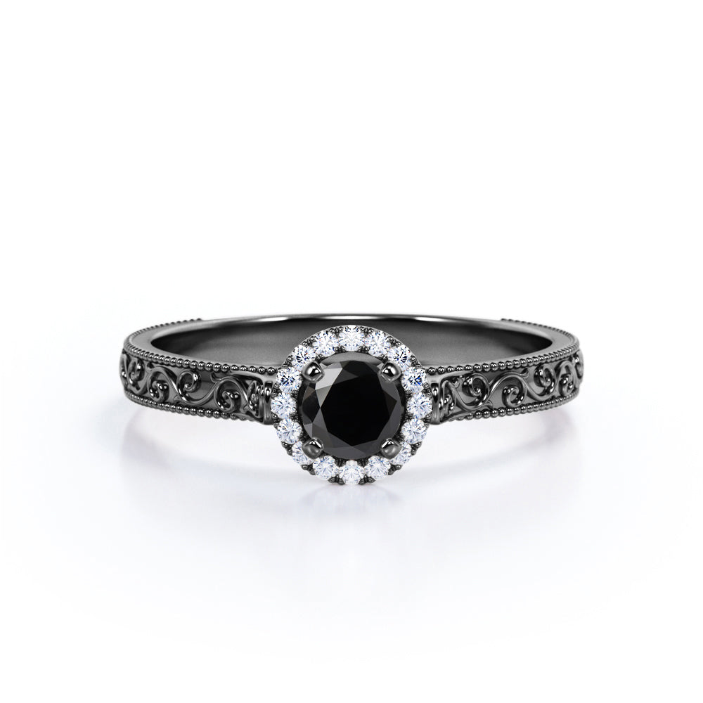 1.15 Carat Round Cut Lab Grown Black Diamond Antique Art Deco Engagement Ring In White Gold