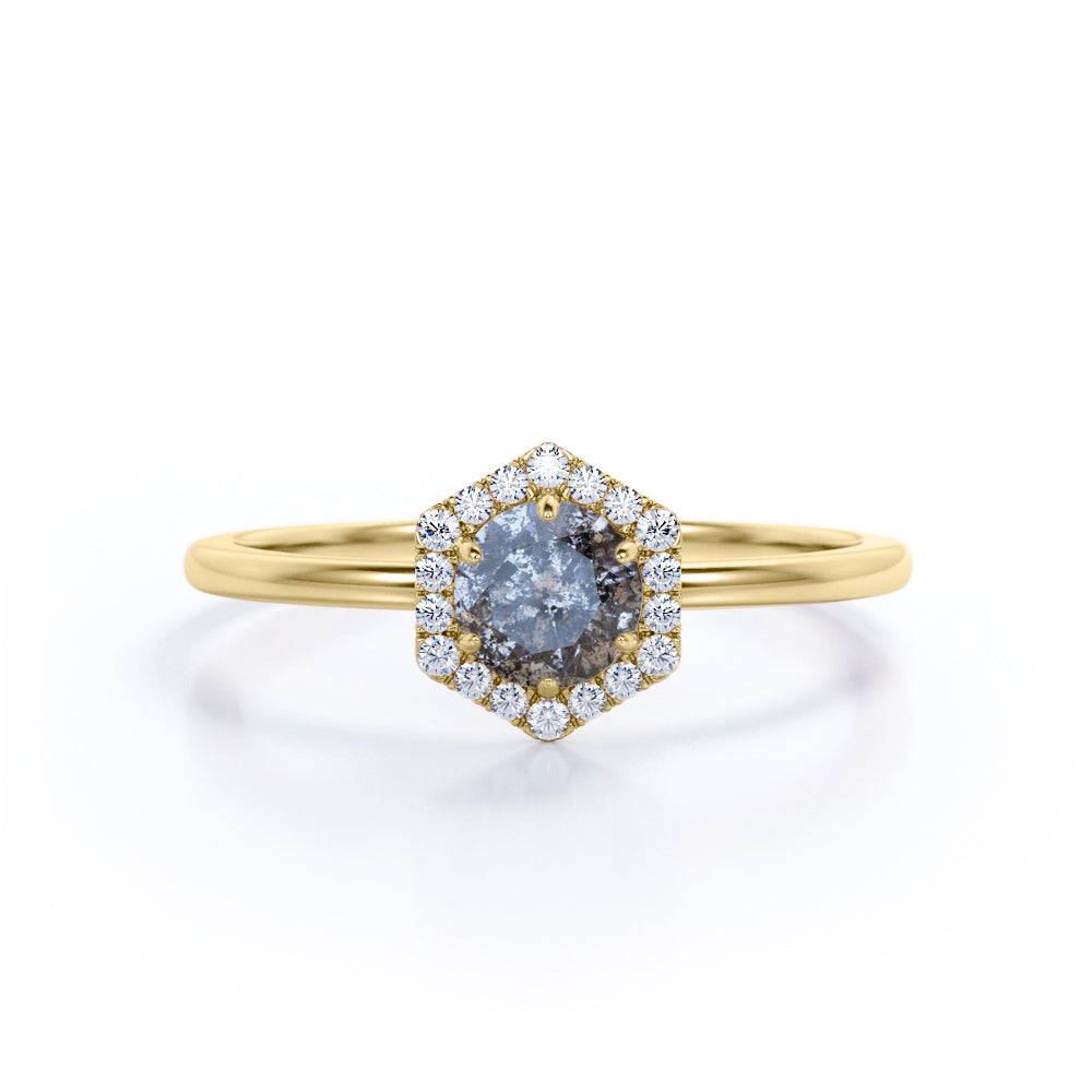 Hexagon 1 Ct Round Salt and Pepper Diamond Engagement Ring