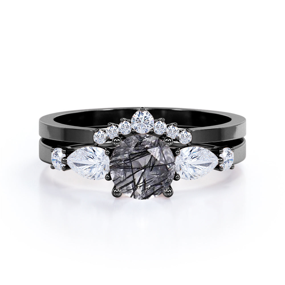 Delicate Four Prong 1.45 Carat Round Cut Solid Black Rutilated Quartz And Diamond Five Stone Wedding Ring Set In White Gold