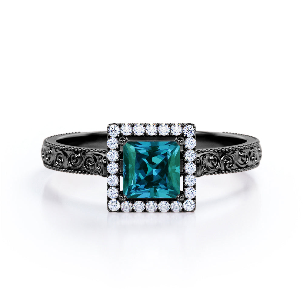 Vintage Milgrain 1.25 Carat Princess Cut Lab Created  Alexandrite And Diamond Art Deco Engagement Ring In White Gold