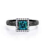 Vintage Milgrain 1.25 Carat Princess Cut Lab Created  Alexandrite And Diamond Art Deco Engagement Ring In White Gold