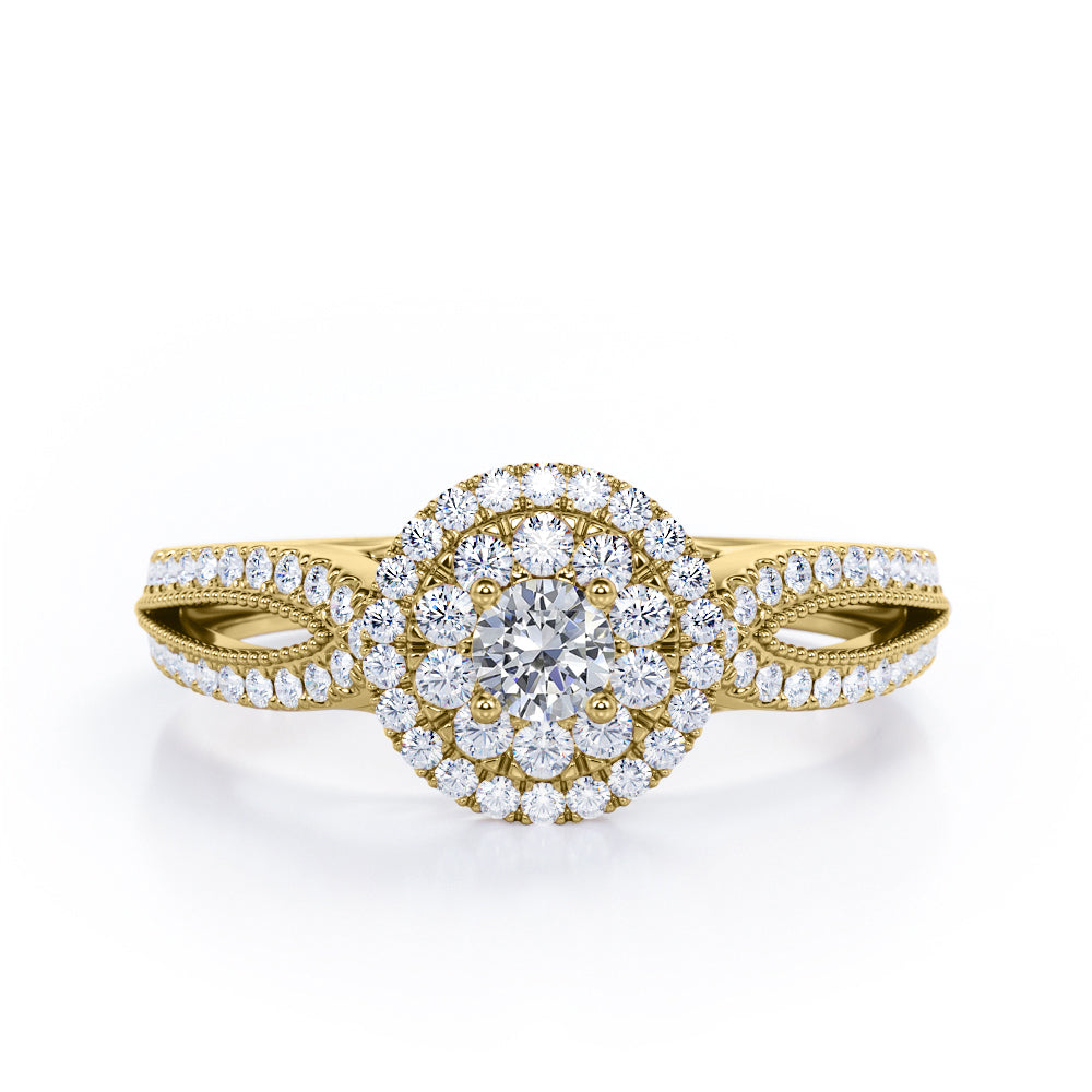 Double Halo Cluster 1.8 Carat Round-Shaped Moissanite and diamond Split-Shaked Milgrain Pave Engagement Ring in Rose Gold