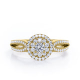 Double Halo Cluster 1.8 Carat Round-Shaped Moissanite and diamond Split-Shaked Milgrain Pave Engagement Ring in Rose Gold