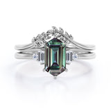 Floral Pattern 1.15 Carat Hexagon Shaped Lab Created Alexandrite And Diamond Nature Inspired Five Stone Wedding Ring Set In White Gold