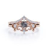 Non Traditional Solitaire 0.75 Carat Round Cut Black Rutilated Quartz and Diamond Filigree Bridal Set Rings