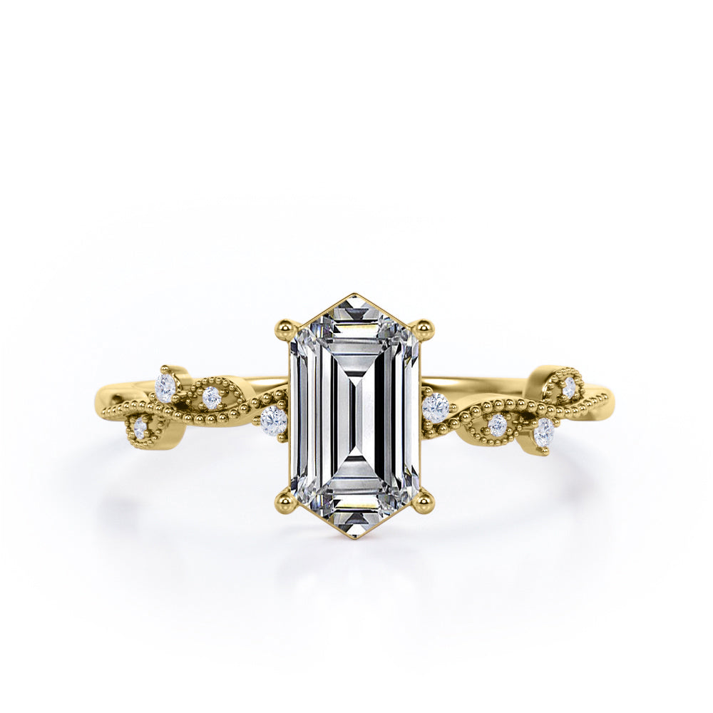 Vintage Wavy Milgrain 0.5 carat Hexagon Moissanite and Diamonds Engagement Ring in Black Gold