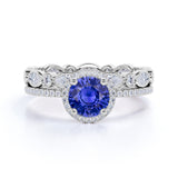 Elegant Eternity Micro Pave 2.25 Carat Round Cut Sapphire and Diamond Halo Wedding Set in White Gold