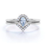 Bezel 1.75 Carat Almond Shape Aquamarine and Diamond Contour Wedding Set in Rose Gold