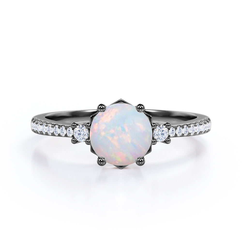 Hexagon Set 1.35 Carat Brilliant Round Ethiopian Opal And Diamond Pave Engagement Ring In White Gold.