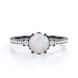Hexagon Set 1.35 Carat Brilliant Round Ethiopian Opal And Diamond Pave Engagement Ring In White Gold.