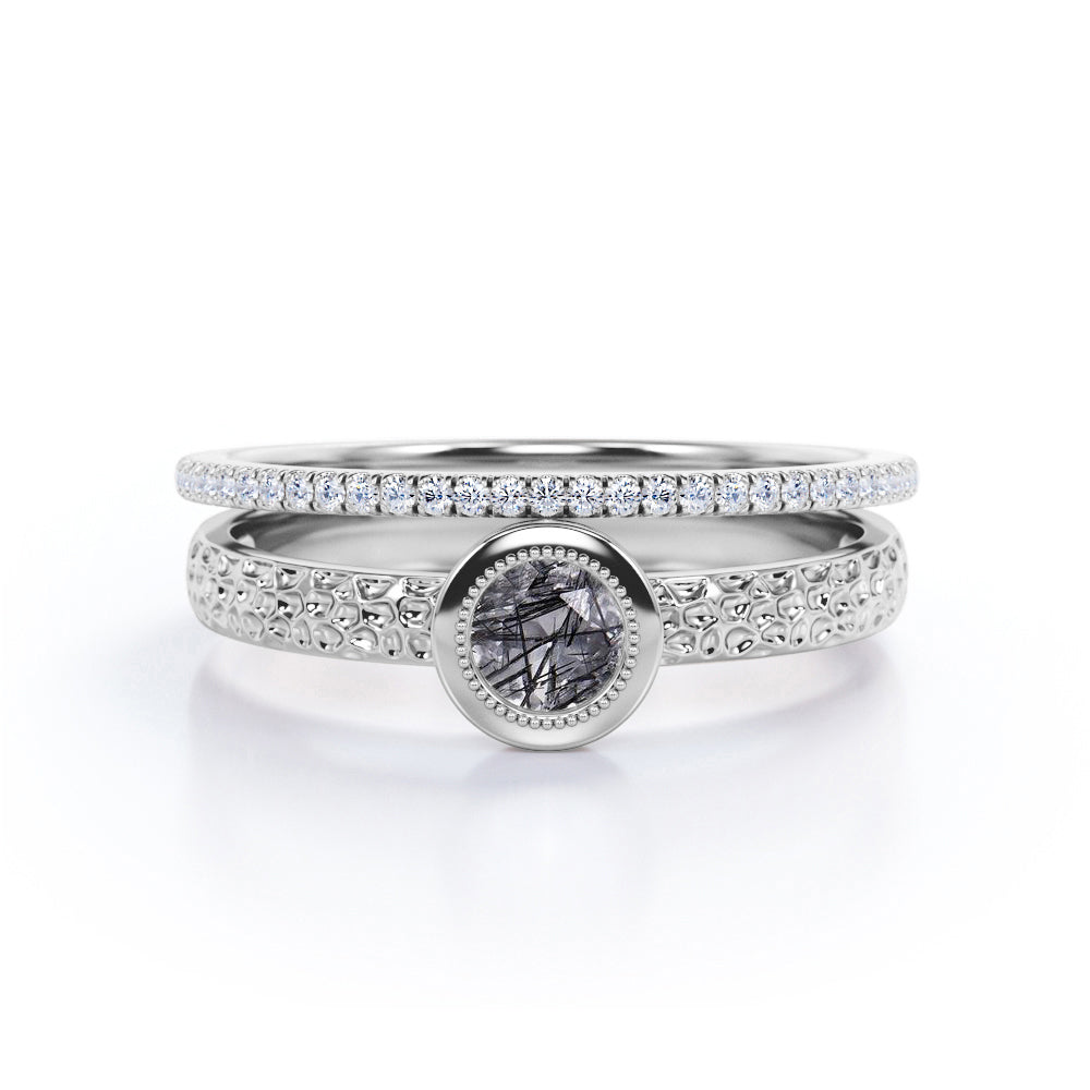 Classic Bezel Set Filigree 1.25 Carat Round Cut Genuine Transparent Black Rutilated Quartz and Diamond Semi Eternity Pave Band Bridal Set Rings - Wedding Ring Sets