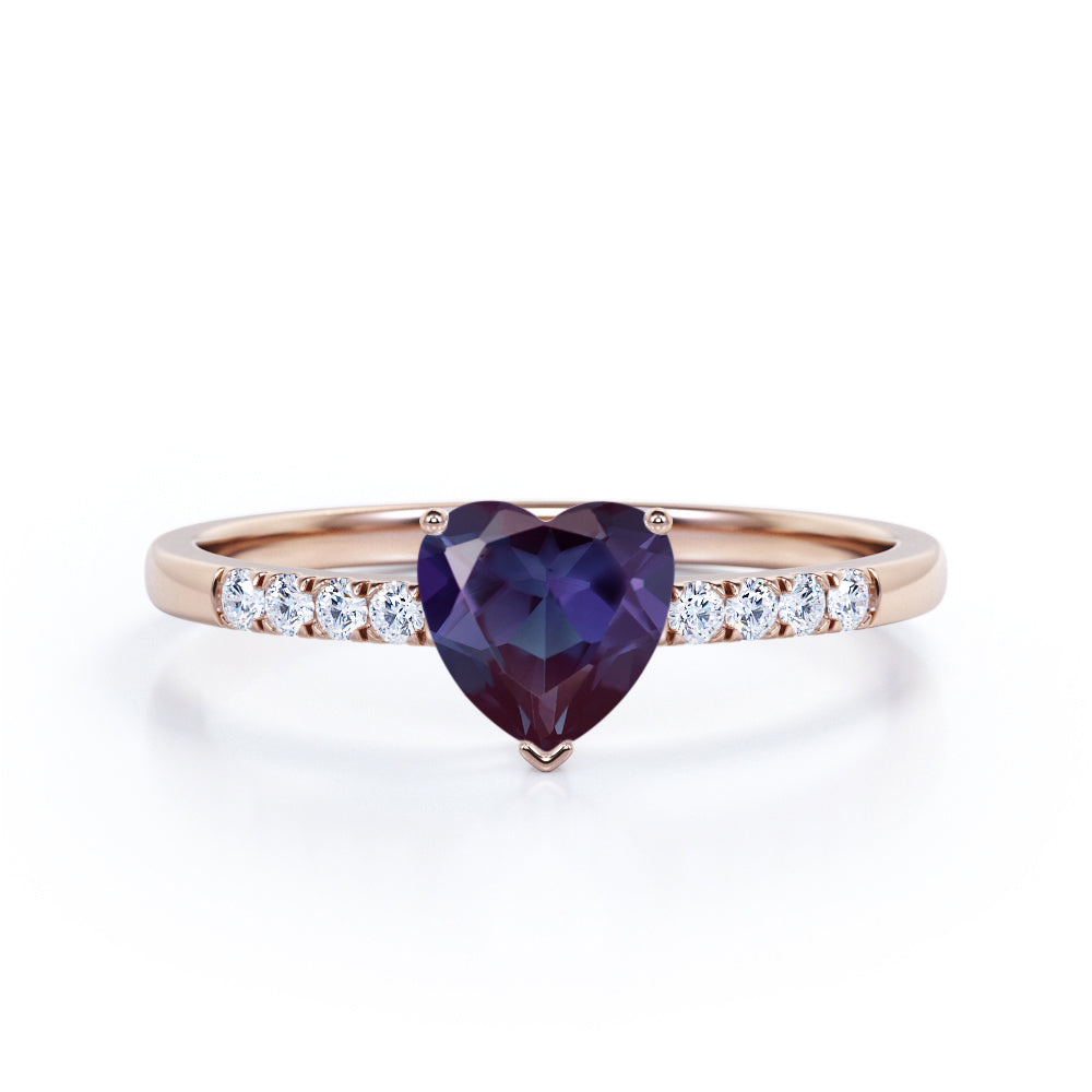 Romantic 1.15 Carat Heart Shaped Lab Created Alexandrite And Diamond  Three Prong Pave Set Half Eternity Engagement Ring In White Gold For Her