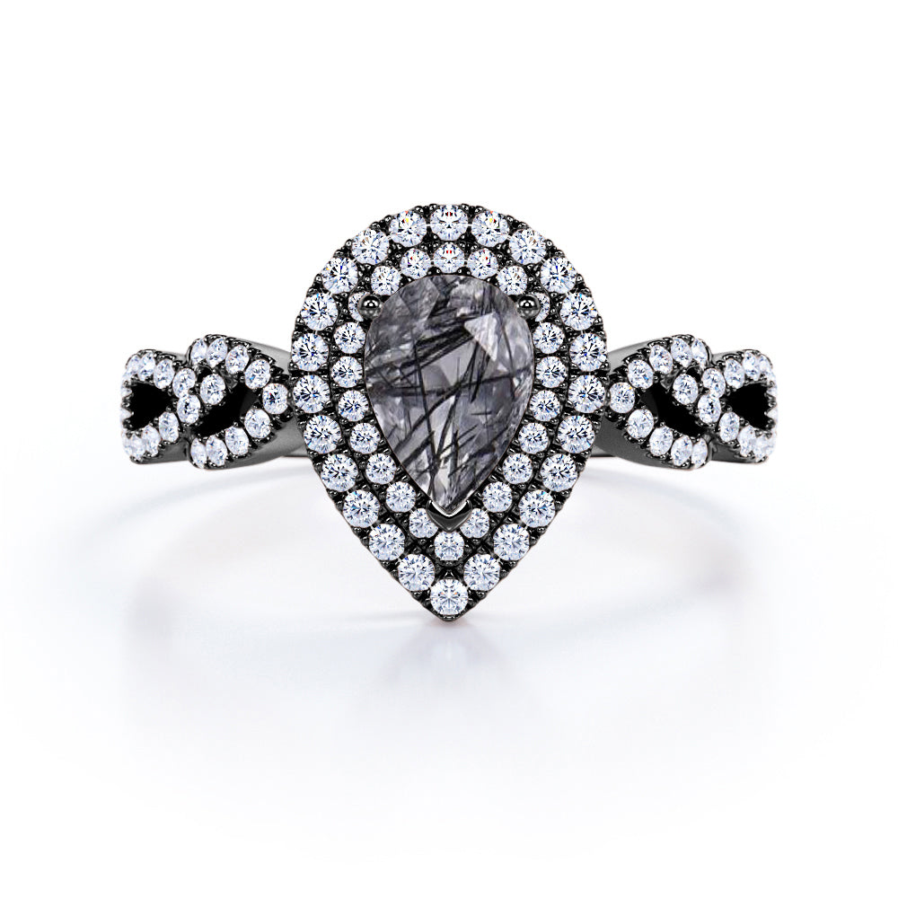 Double Halo 1.60 Carat Tear Drop Genuine Black Rutilated Quartz And Diamond Twisted Engagement Ring In White Gold For Her