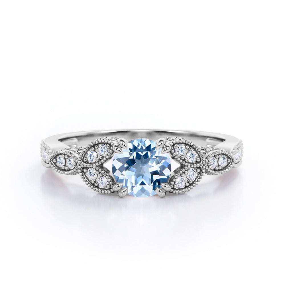 Floral Pattern 1.35 Carat Round Cut Aquamarine And Diamond Beaded Art Deco Engagement Ring In Rose Gold