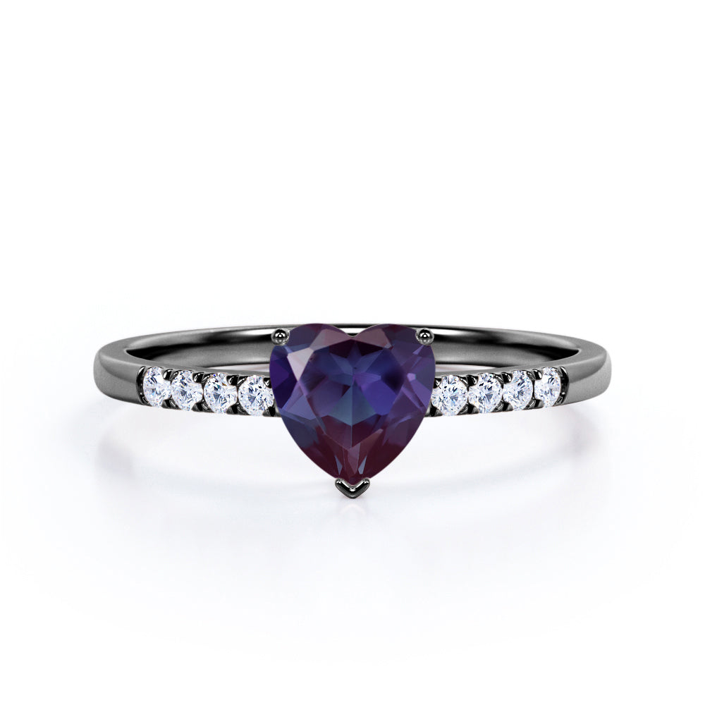 Romantic 1.15 Carat Heart Shaped Lab Created Alexandrite And Diamond  Three Prong Pave Set Half Eternity Engagement Ring In White Gold For Her