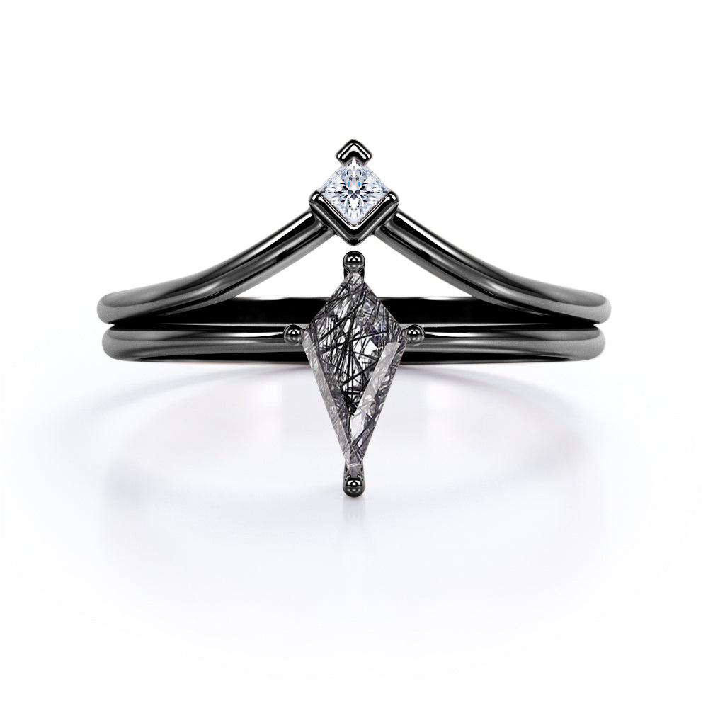 Elongated Four Prong 1.05 Carat Kite Shaped Dendritic Black Rutilated Quartz And Diamond Chevron Wedding Set In White Gold