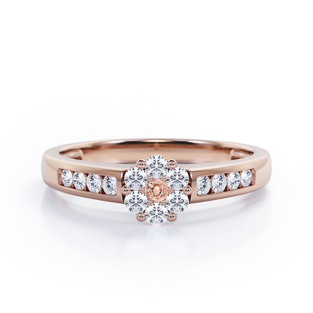 Clustered 1 carat Round Petite Morganite and Moissanites Channel Engagement Ring in White Gold