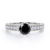 Prong Set 1.45 Carat Round Cut Black Diamond Vintage Milgrain Engagement Ring In White Gold