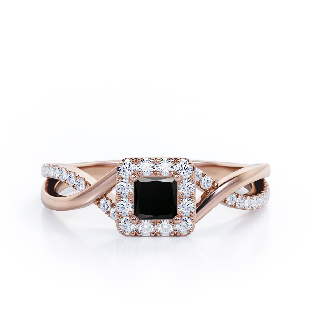 1.25 Carat Princess Cut Black Diamond - Half Crossover Pave - Halo Engagement Ring in White Gold