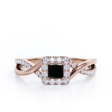 1.25 Carat Princess Cut Black Diamond - Half Crossover Pave - Halo Engagement Ring in White Gold