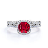 Four Claw 2 Carat Cushion Cut Lab Ruby and Diamond Wedding Set with Art Deco Band in White Gold