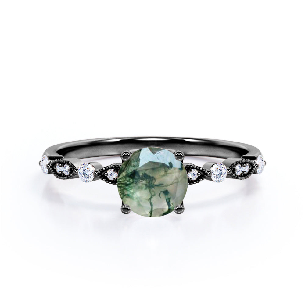 Art Deco 1 Carat Round Moss Agate and Moissanite Scalloped Engagement Ring in White Gold
