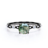 Art Deco 1 Carat Round Moss Agate and Moissanite Scalloped Engagement Ring in White Gold