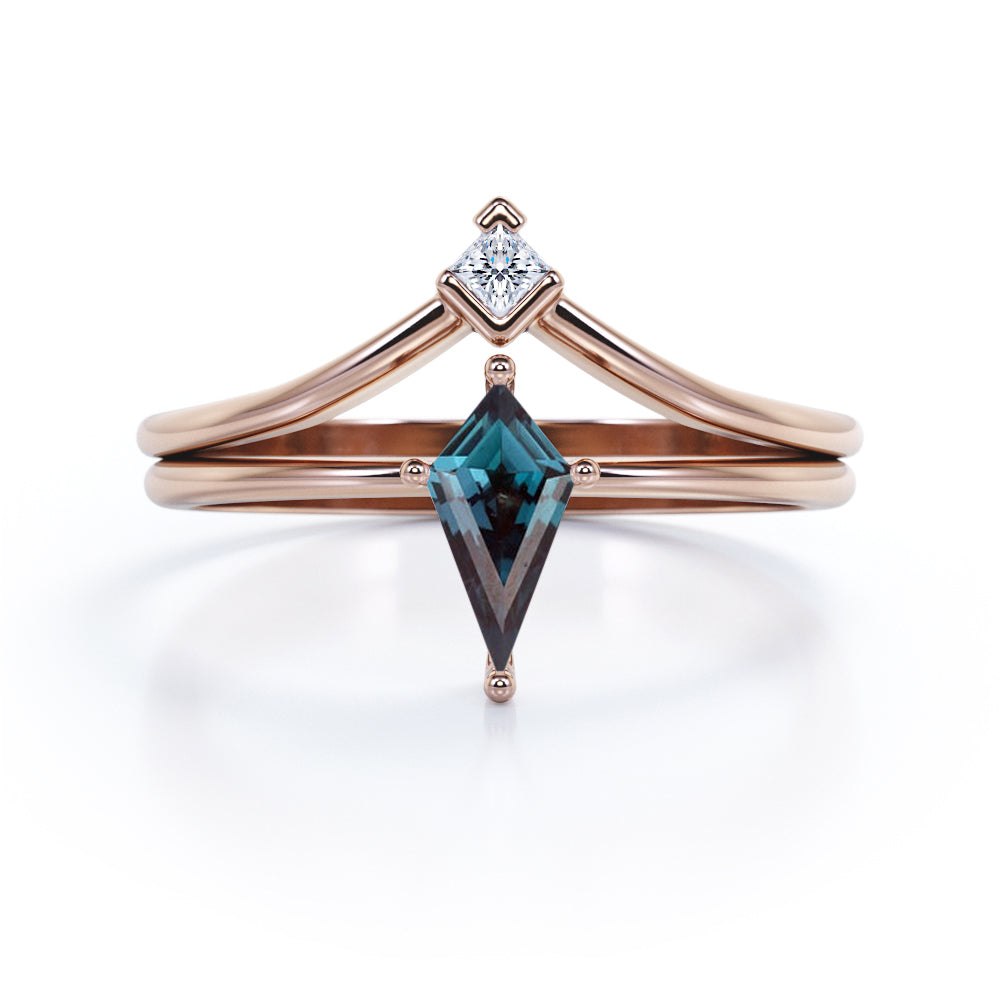 Delicate Four Prong 1 Carat Kite Shaped Lab Created Alexandrite And Diamond Chevron Single Stone Wedding Ring Set In White Gold