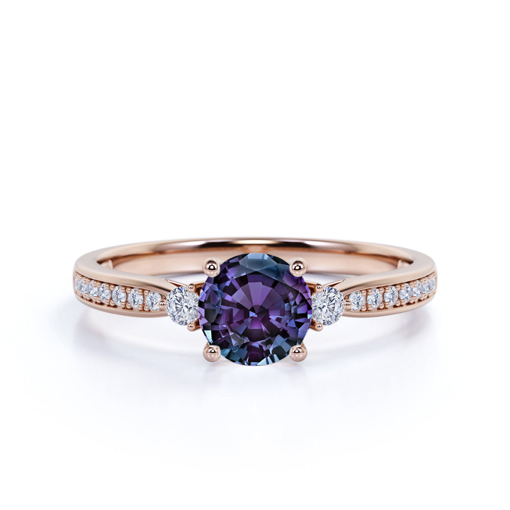 Tapered Prong Basket 1.25 Carat Round Cut Simulated Alexandrite and Diamond 3 Stone Channel Set Engagement Ring