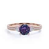 Tapered Prong Basket 1.25 Carat Round Cut Simulated Alexandrite and Diamond 3 Stone Channel Set Engagement Ring