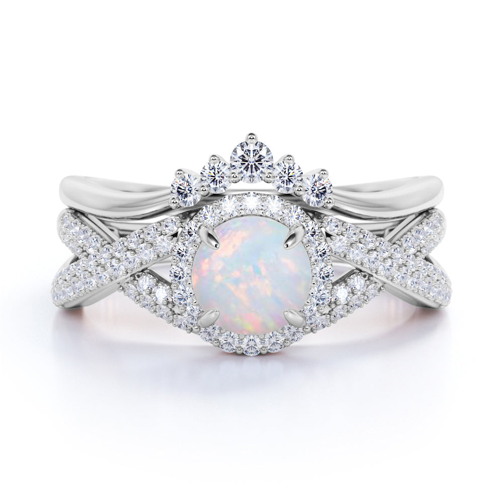 Twisted 1.50 Carat Round Cut Australian Opal and Diamond Antique Wedding Ring Set in White Gold