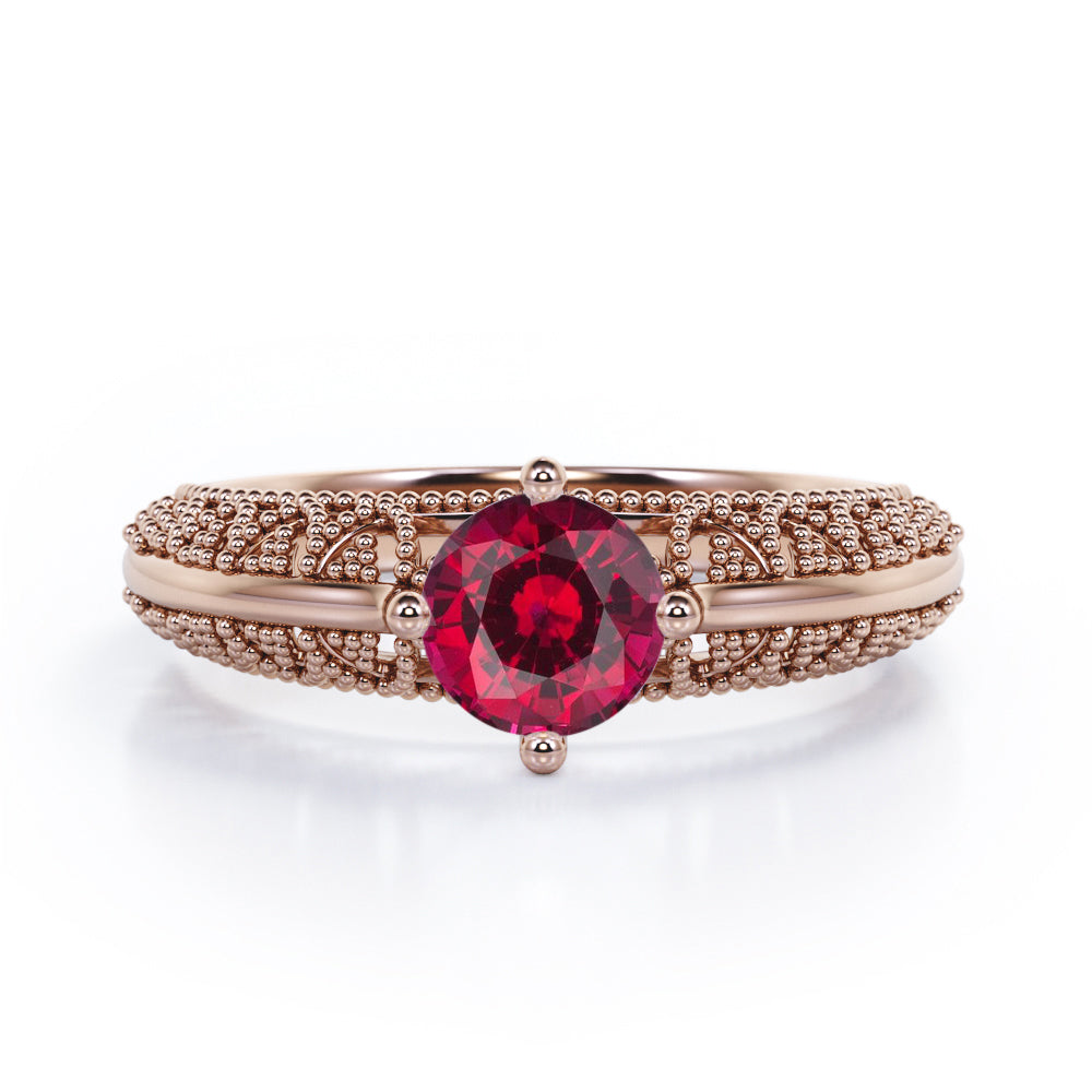 Beaded Art Deco 1 Carat Round Cut Lab Ruby Solitaire Engagement Ring In White Gold