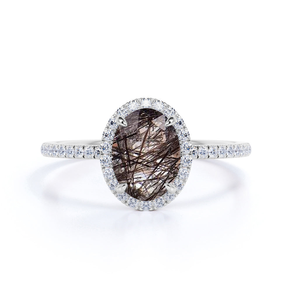 Classic Halo 1.50 Carat Oval Cut Natural Druzy Black Brown Rutilated Quartz and Diamond Pave Engagement Ring