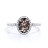 Classic Halo 1.50 Carat Oval Cut Natural Druzy Black Brown Rutilated Quartz and Diamond Pave Engagement Ring