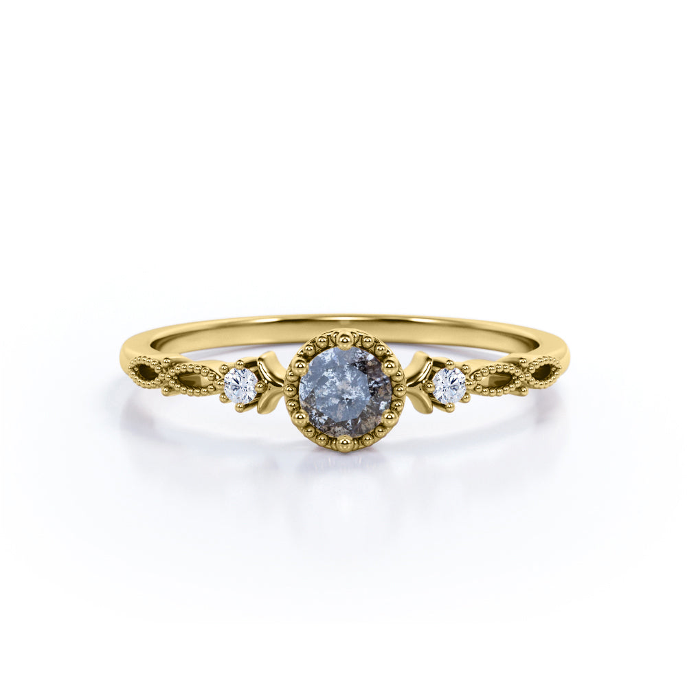 Milgrain Bezel Set 0.60 Carat Round Cut Dendritic Black Rutilated Quartz and Diamond 3 Stone Dainty Engagement Ring