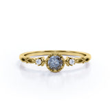 Milgrain Bezel Set 0.60 Carat Round Cut Dendritic Black Rutilated Quartz and Diamond 3 Stone Dainty Engagement Ring