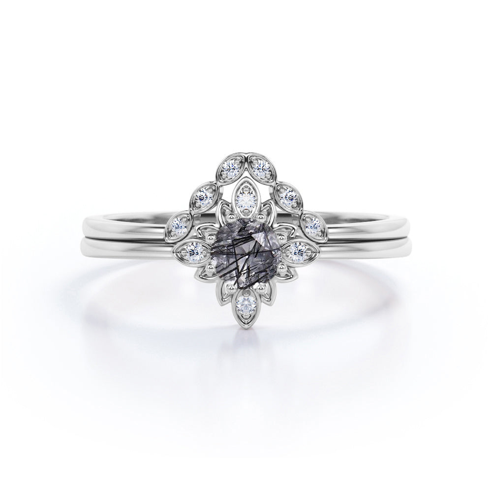 Sunburst Bezel Set 0.65 Carat Round Druzy Black Rutilated Quartz and Diamond Art Deco Dainty Wedding Set Rings