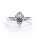Sunburst Bezel Set 0.65 Carat Round Druzy Black Rutilated Quartz and Diamond Art Deco Dainty Wedding Set Rings