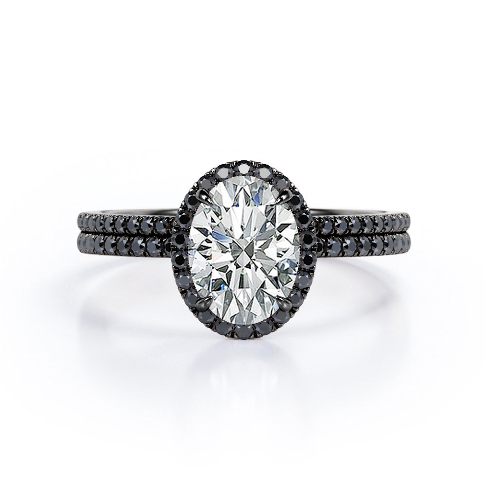 Halo Cluster 1.7 TCW Ovate Moissanite with Lab Created Black Diamond Wedding Set with Pave Accents in Rose Gold