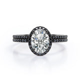 Halo Cluster 1.7 TCW Ovate Moissanite with Lab Created Black Diamond Wedding Set with Pave Accents in Rose Gold