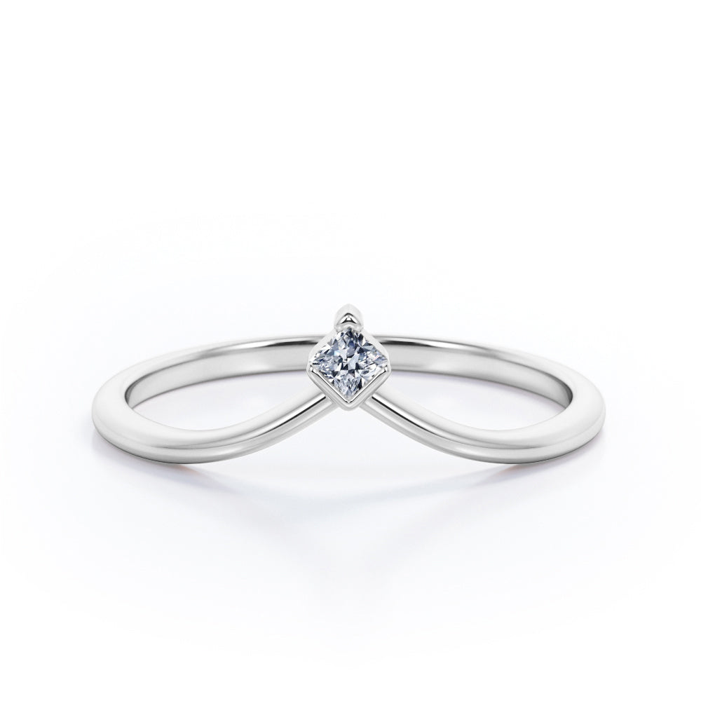 0.05 TCW Round Shaped Diamond - Half Bezel Setting - V Curved Wedding Band - Yellow Gold