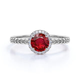 Pave Set 1.50 Carat Round Cut Lab Ruby and Diamond Halo Engagement Ring in White Gold