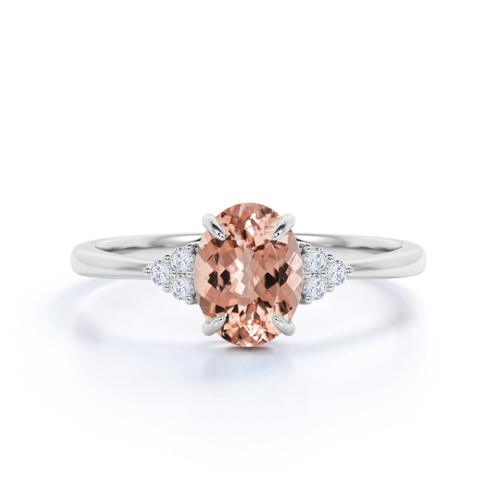 Beautiful 1.10 Carat Oval Cut Pink Brown Morganite and 7 Stone Diamond Milgrain Engagement Ring in Rose Gold