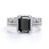 Affordable 2 Carat Emerald cut Lab Black Diamond Antique Wedding Trio Ring Set in White Gold